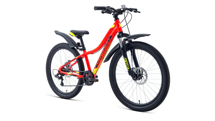 Велосипед FORWARD TWISTER 24 2.2 disc (24" 7 ск. рост 12") 2020-2021, красный/ярко-зеленый