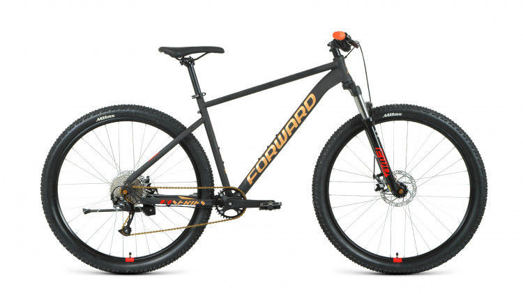 Велосипед FORWARD SPORTING 29 XX D (29" 9 ск. рост. 21") 2022, черный матовый/золотой УЦ