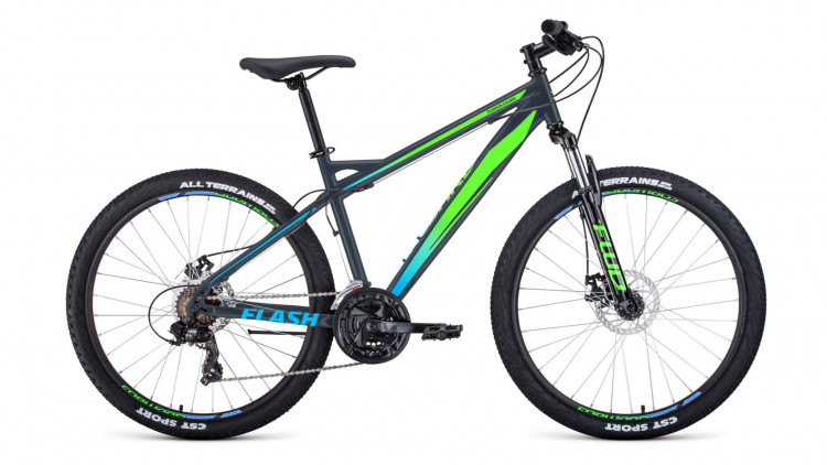 велосипед FORWARD FLASH 26 2.0 disc (26" 21 ск. рост 15") 2019-2020, серый/светло-зеленый мат.