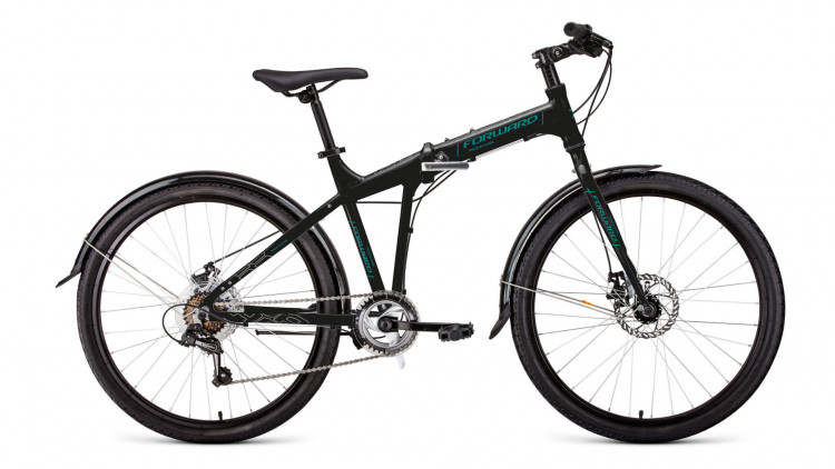 Велосипед FORWARD TRACER 26 2.0 disc (26" 7 ск. рост 19" скл.) 2020-2021, черный/бирюзовый